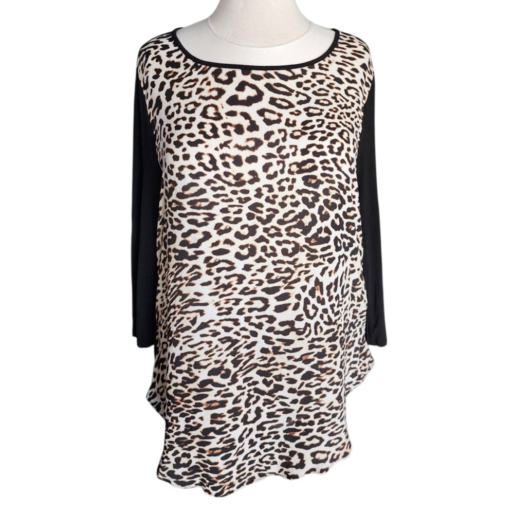 Chico's Leopard Print Tunic Top Size 2 (US 12/L) Black Contrast Sleeves High-Low